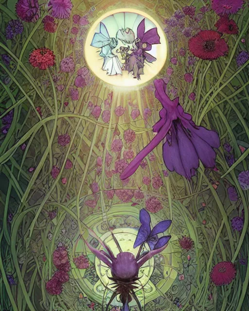 Image similar to the platonic ideal of flowers, sprouting, insects and praying of cletus kasady carnage davinci mandala ponyo alice in wonderland dinotopia watership down, hollow knight, d & d, fantasy, ego death, mdma, dmt, psilocybin, concept art by greg rutkowski and simon stalenhag and alphonse mucha and john bauer