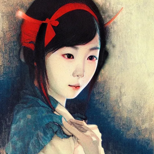 Prompt: beautiful young japanese girl with glowing red eyes finds herself lost in a dark indigo room, muted cold colors, painting part by wojciech siudmak, part by ilya repin, part by norman rockwell, artstation