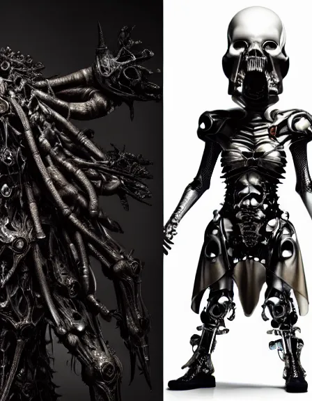 Image similar to still frame from Prometheus by Giger, lich king Dr doom in ornate bio cybernetic bone armour and skull mask helmet in bone chapel by Wayne Barlowe by peter Mohrbacher, dressed by Alexander McQueen and by Neri Oxman, metal couture hate couture editorial