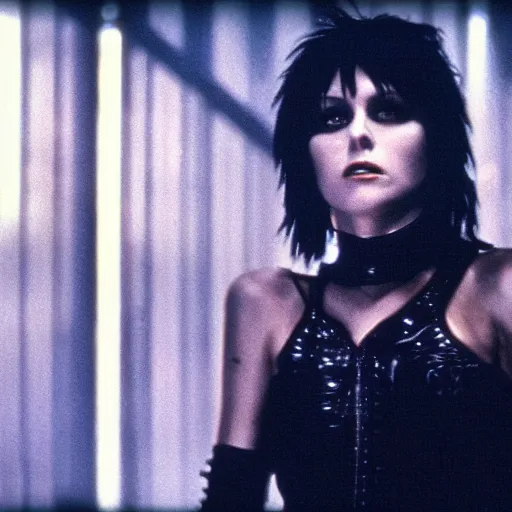 Image similar to a film portrait still of joan jett in blade runner, gritty cyberpunk atmosphere. realism, cinematic lighting, beautiful gothic fantasy photorealistic, 4 k. 8 mm. grainy. panavision.