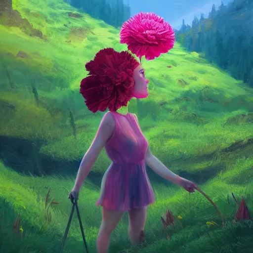 Image similar to giant carnation flower as a head, girl hiking in a lush valley, surreal photography, sunrise, dramatic light, impressionist painting, colorful clouds, digital painting, artstation, simon stalenhag