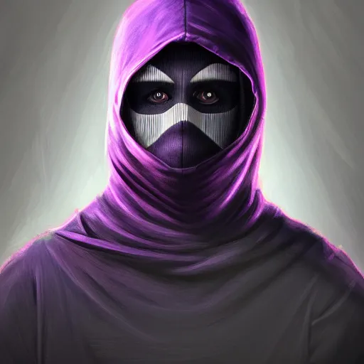 Image similar to ultra realistic illustration, man in a black hood, in a striped purple balaclava, mysterious, highly detailed, digital painting, artstation, concept art, smooth, sharp focus, illustration