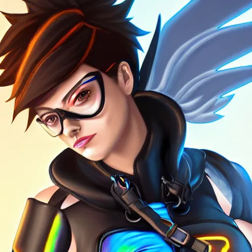 Image similar to portrait bust digital artwork of tracer overwatch, wearing black iridescent rainbow latex tank top, 4 k, expressive happy smug expression, makeup, in style of mark arian, angel wings, wearing detailed black leather collar, chains, black leather harness, detailed face and eyes,