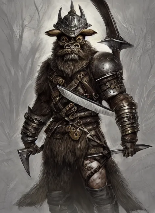 Image similar to strong young man, photorealistic bugbear ranger holding aflaming sword, black beard, dungeons and dragons, pathfinder, roleplaying game art, hunters gear, jeweled ornate leather and steel armour, concept art, character design on white background, by alan lee, norman rockwell, makoto shinkai, kim jung giu, poster art, game art