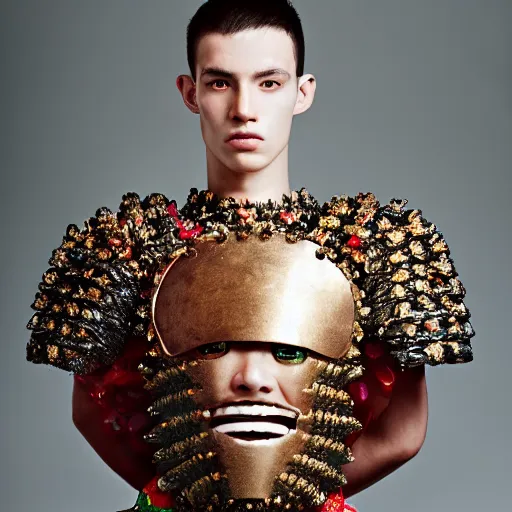 Prompt: a portrait of a beautiful young male wearing an alexander mcqueen armor made of candy , photographed by andrew thomas huang, artistic