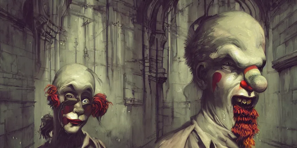 Image similar to a clown portrait in cloistered alleyway dreaming of a circus, in the style of peter mohrbacher by weta digital and francis bacon, high face symmetry, intricate, masterpiece, award winning, high face symmetry, intricate