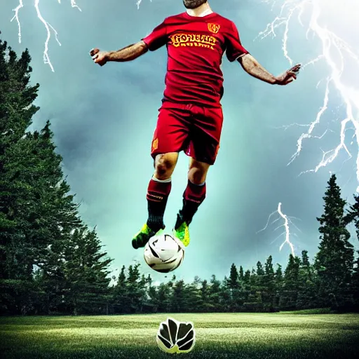 Prompt: xavi hernandez hit by a lightning, in forest