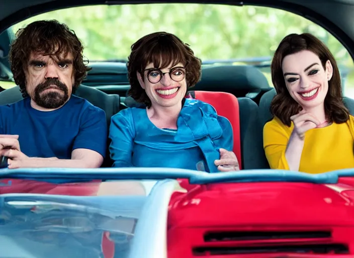 Image similar to peter dinklage and anne hathaway driving a little tikes cozy coupe, movie still, from the new fast 5, 8 k, realistic