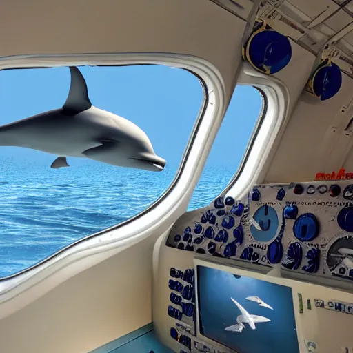 Image similar to an airplane with a tiny whale pilot, the whale is in the airplane cabin, the whale head can be seen through the window