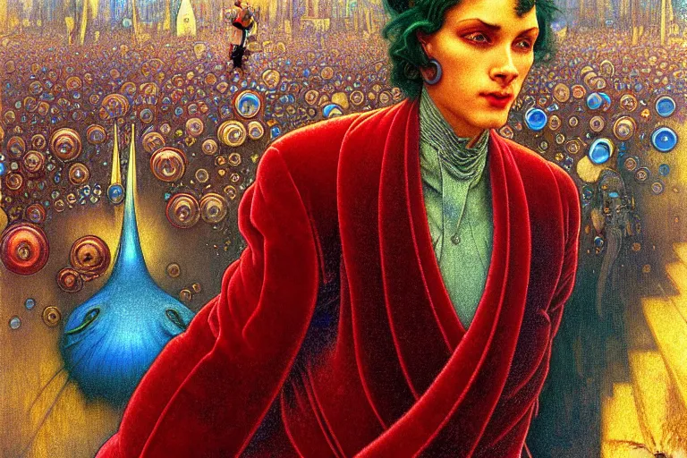 Image similar to realistic detailed closeup portrait painting of a single snail wearing crimson velvet blazer in a crowded futuristic moscow street by Jean Delville, Amano, Yves Tanguy, Alphonse Mucha, Ernst Haeckel, Ilya Repin, Edward Robert Hughes, Andrei Tarkovsky, Roger Dean, rich moody colours, blue eyes