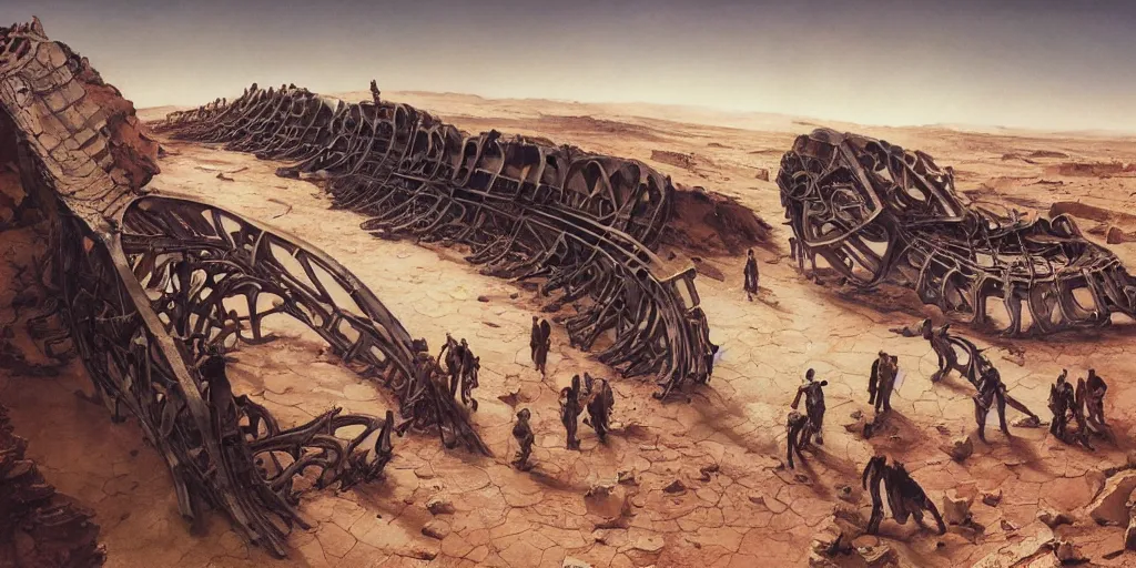 Image similar to supernova, neo brutalism space station ruins in the mars desert, giant whale skeleton, people wandering, sunlit, painted by steve mccurry, ruan jia, raymond swanland, lawrence alma tadema, zdzislaw beksinski, norman rockwell, jack kirby, tom lovell, alex malveda, greg staples