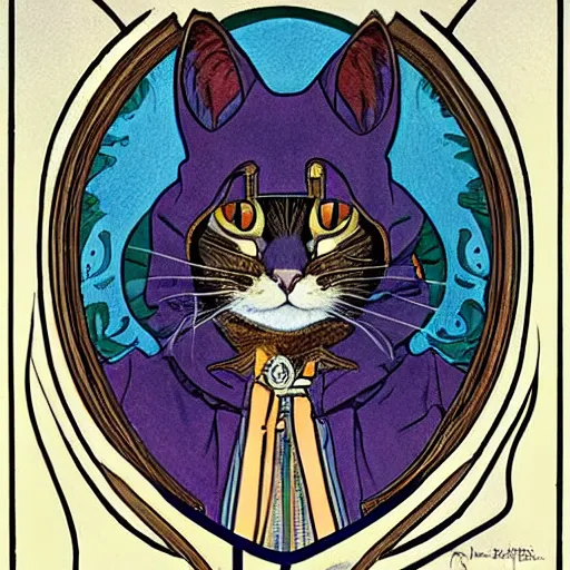 Prompt: an art nouveau cat wearing a hooded coat by moebius and james gurney and mucha