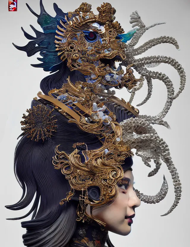 Image similar to 3 d goddess close - up profile portrait with crown, ram skull. beautiful intricately detailed japanese crow kitsune mask and clasical japanese kimono. betta fish, jellyfish phoenix, bio luminescent, plasma, ice, water, wind, creature, artwork by tooth wu and wlop and beeple and greg rutkowski