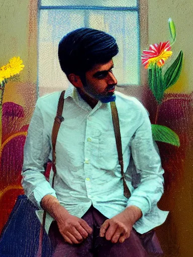 Image similar to artwork by Saul Leiter, of a solo individual portrait of an Indian guy with lilies, dapper, simple illustration, domestic, nostalgic, full of details, Matte painting, trending on artstation and unreal engine