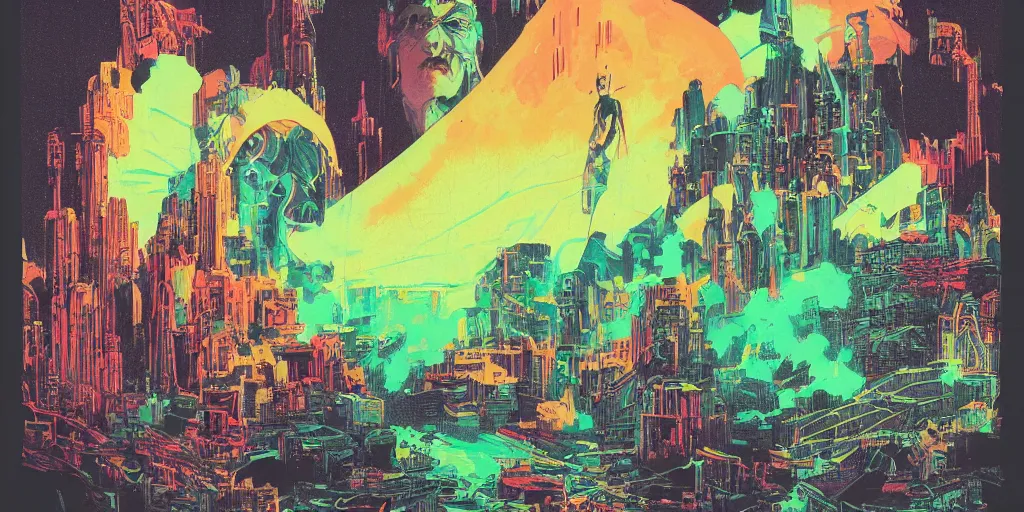 Prompt: a close - up grainy risograph, painting of a scene from hyper light drigter, neon dull colors, a big face floating above the wide monolith, lasers and mirrors swords by moebius and kim jung gi and satoshi kon