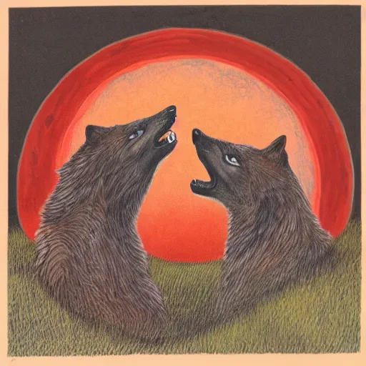 Prompt: bated breath, two wolves snarling, red sparkling cinders, smoke covers the sun