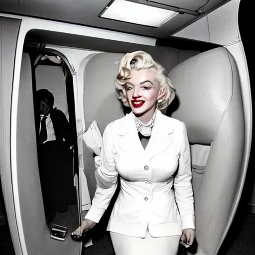 Image similar to a cheap point and shoot camera photography of marilyn monroe as a flight attendent in 1998