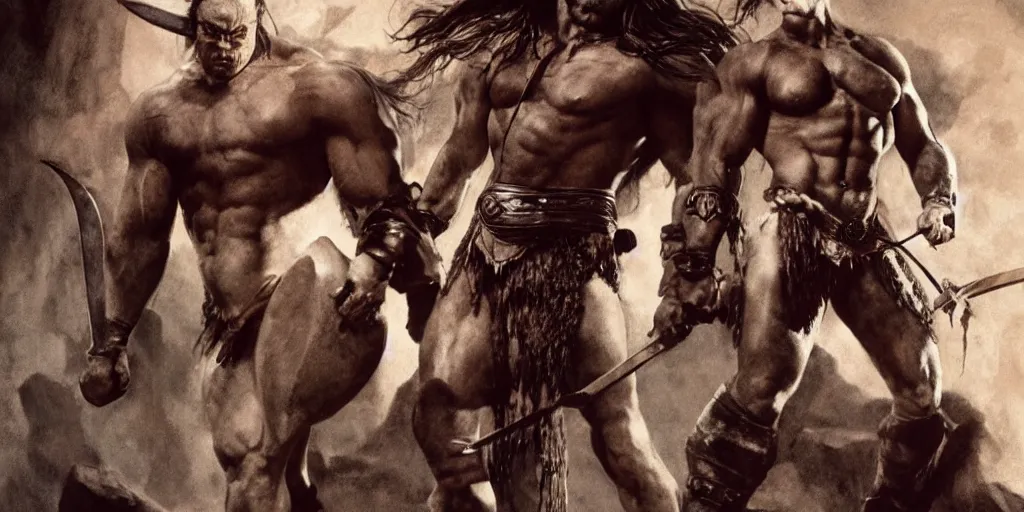 Prompt: hyperrealistic mixed media action scene of Conan the barbarian raising his sword for battle in leather boots and a loincloth, forward angle, stunning 3d render inspired art by Frank Frazetta and Simon Bisley, extremely muscular male hero + perfect facial symmetry + perfect muscle anatomy + perfect bodily proportions + dim volumetric lighting, 8k octane beautifully detailed render, post-processing, extremely hyperdetailed, intricate complexity, epic composition, grim yet sparkling atmosphere, cinematic lighting + masterpiece, trending on artstation