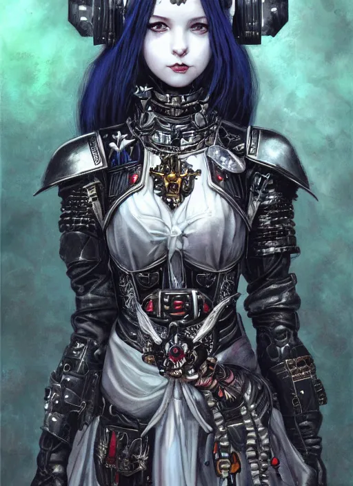 Image similar to portrait of cute beautiful young goth sister of battle from Warhammer, cyberpunk, Warhammer 40000, gothic, highly detailed, artstation, illustration, art by Gustav Klimt and Range Murata