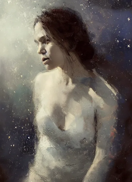 Image similar to portrait of a beautiful woman with mouth agape looking deep at the viewer, her eyes are filled with stars, celestial background, hair blown in the wind, by Jeremy Mann, stylized, detailed, realistic, loose brush strokes, dramatic
