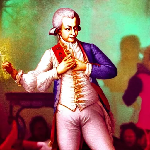 Image similar to a photo of wolfgang amadeus mozart on a rave. he sweats a lot because the club is poorly ventilated, but he still has a great time. club photography, smartphone photography.