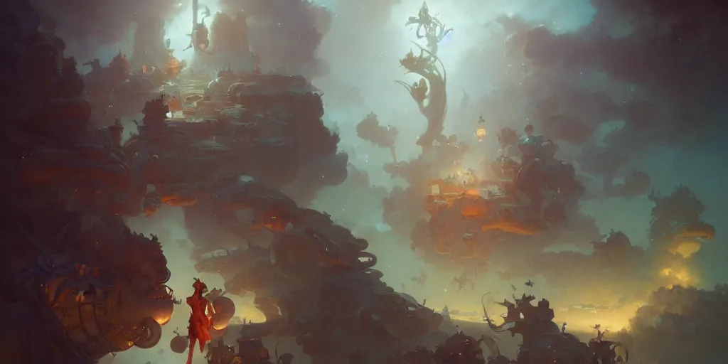 Image similar to a glimpse of the mechanism of dreaming by peter mohrbacher and craig mullins and james jean and marc simonetti