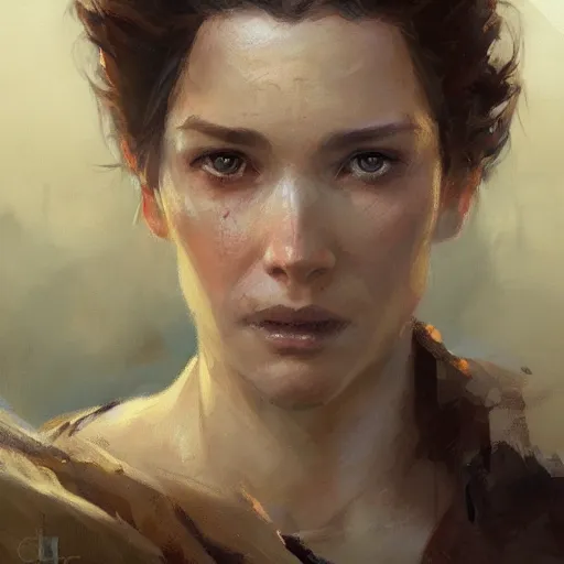 Prompt: a woman with a heroic face, portrait by Greg Rutkowski, craig mullins and Gaston Bussiere