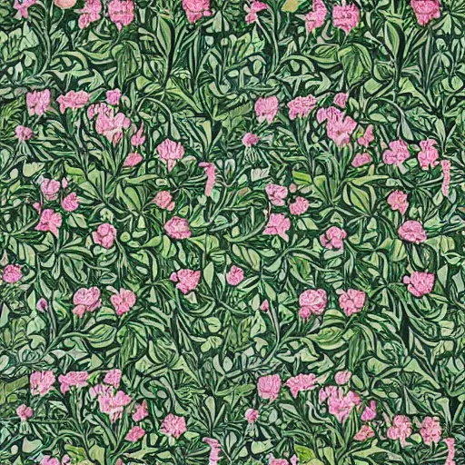 Image similar to william morris style print of beautiful light pink peonies and green leaves, repeating pattern