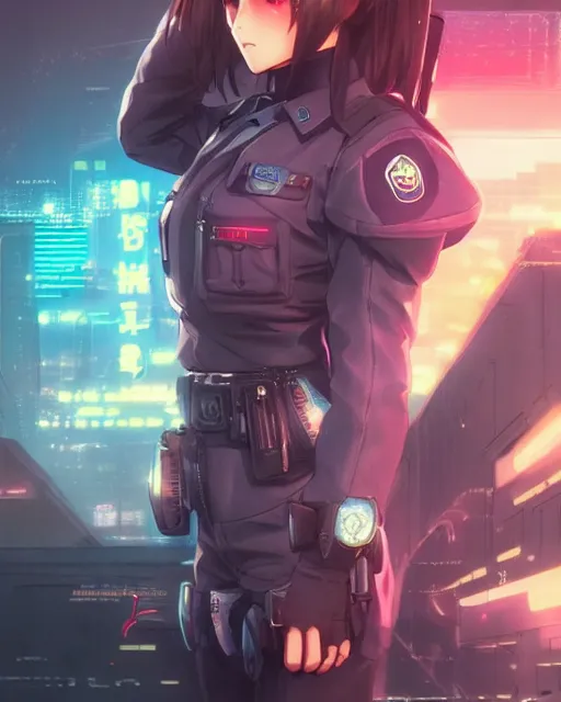 Image similar to anime key visual of a young female police officer, neon, cyberpunk, futuristic, stunning, highly detailed, digital painting, artstation, smooth, soft focus, rule of thirds, illustration, art by artgerm and greg rutkowski and alphonse mucha