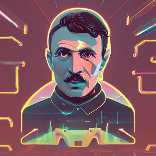 Image similar to glorious futuristic visionary inventor nikola tesla profile picture by sachin teng, c 2 1 5 and artgerm, masterpiece, organic painting, matte painting, technical geometrical drawing shapes, lightning electricity coil, hard edges, graffiti, street art by sachin teng and c 2 1 5