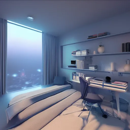 Image similar to bedroom, study room, anime, sci - fi, futuristic, aesthetic, chill, room, octane render, 8 k