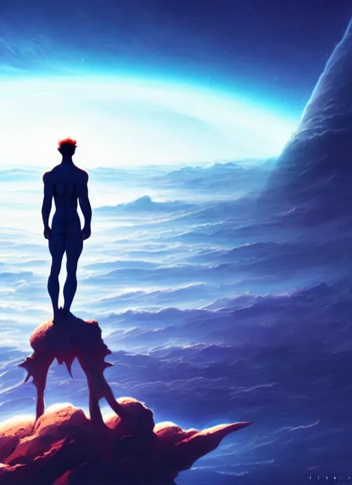 Image similar to symmetry!! landscape of a silhouette man standing on neptune, looking out into the vastness of space, digital art, art by artgerm greg rutkowski and andreas rocha, cinematic lighting, highly detailed, warm colours, 8 k