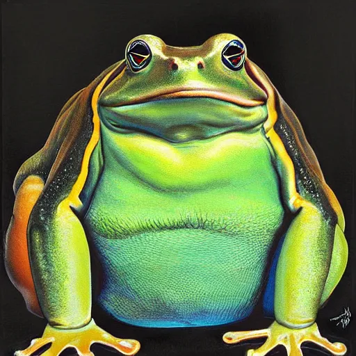 Prompt: A giant oversized fat frog with Alex Jones face, photorealistic painting