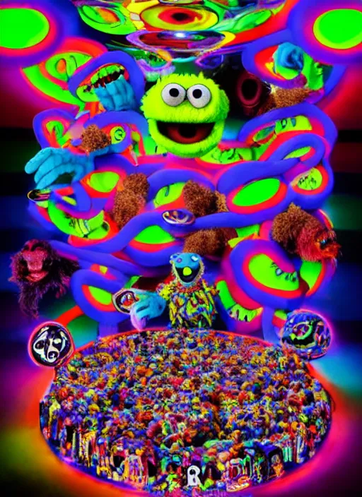 Prompt: 8k hyper realistic detailed image swirl of unholy Cookie Monster rites in a coven of Muppets, Black Frank the goat and neon pentagram in the center, rich deep colors, neon colors, cinematic shot by Alfonso Cuaron, part by Gaspar Noe. Art by Takashi Murakami, part by Jeff Koons. wide angle. masterpiece, ultra detailed