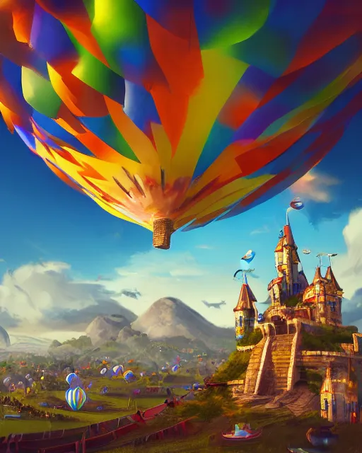 Image similar to flying cloud castle, buildings, baloons, machines, bright, blue sky, mountains, colorful, cinematic lighting, fantasy, high detail, airborne kingdom, illustration, masterpiece, artstation, 4 k, art by wylie beckert