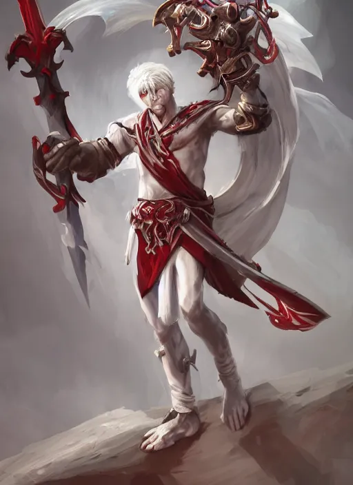 Image similar to a highly detailed illustration of white haired african priest, wearing cross on robe, wielding red blades made of blood, evil standing smiling pose, muscular, intricate, elegant, highly detailed, centered, digital painting, artstation, concept art, smooth, sharp focus, league of legends concept art, WLOP