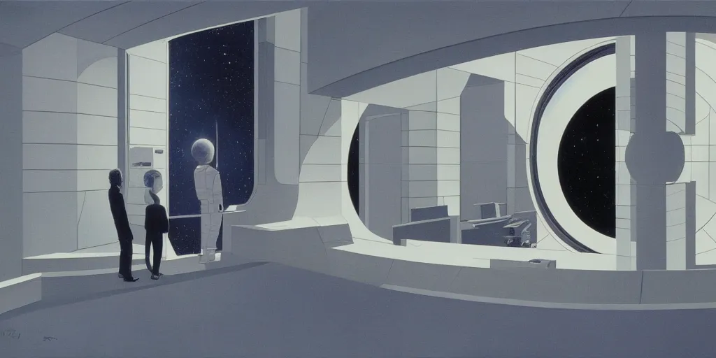 Image similar to 2001: A Space Odyssey, empty lobby, view of Earth through large window, by Ralph McQuarrie