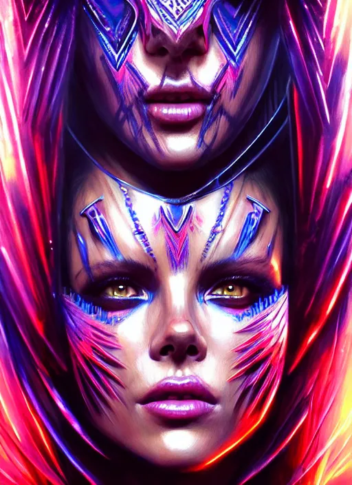 Image similar to hyper detailed ultra sharp aztec underworld warrior trance girl, beautiful face, kate beckinsale. trending on artstation, warpaint aesthetic, earthwave, colorful, neon, ornate, intricate, digital painting, concept art, smooth, sharp focus, illustration, art by artgerm and greg rutkowski and h. r. giger, 8 k