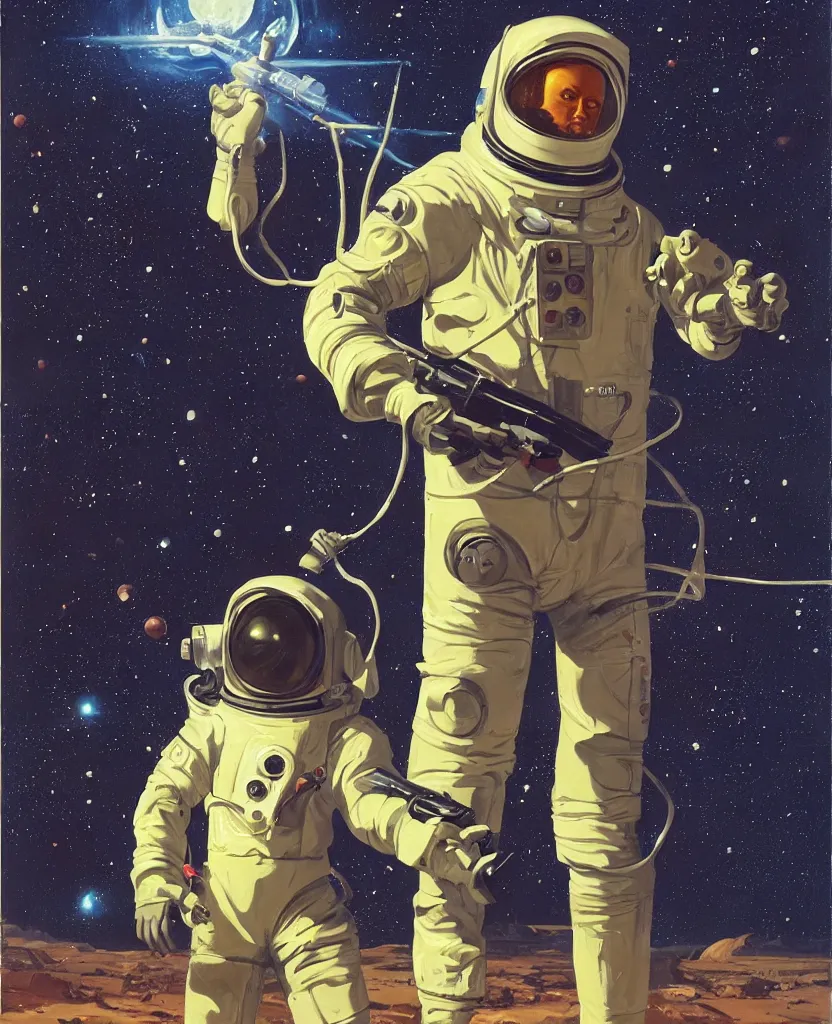 Image similar to a painting of a man in a space suit holding a gun, concept art by dean ellis, behance contest winner, retrofuturism, sci - fi, toonami, future tech