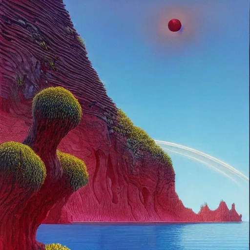 Image similar to painting of a lush natural scene on an alien planet by roger dean. beautiful landscape. weird vegetation. cliffs and water.