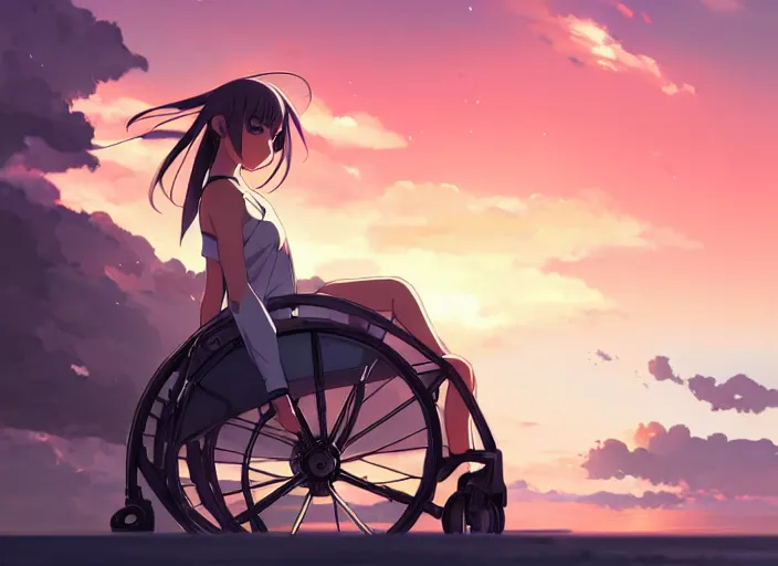 Prompt: side view of cute girl, sunset sky in background, beach landscape, illustration concept art anime key visual trending pixiv fanbox by wlop and greg rutkowski and makoto shinkai and studio ghibli and kyoto animation, futuristic aerodynamic wheelchair, symmetrical facial features, future clothing, backlit