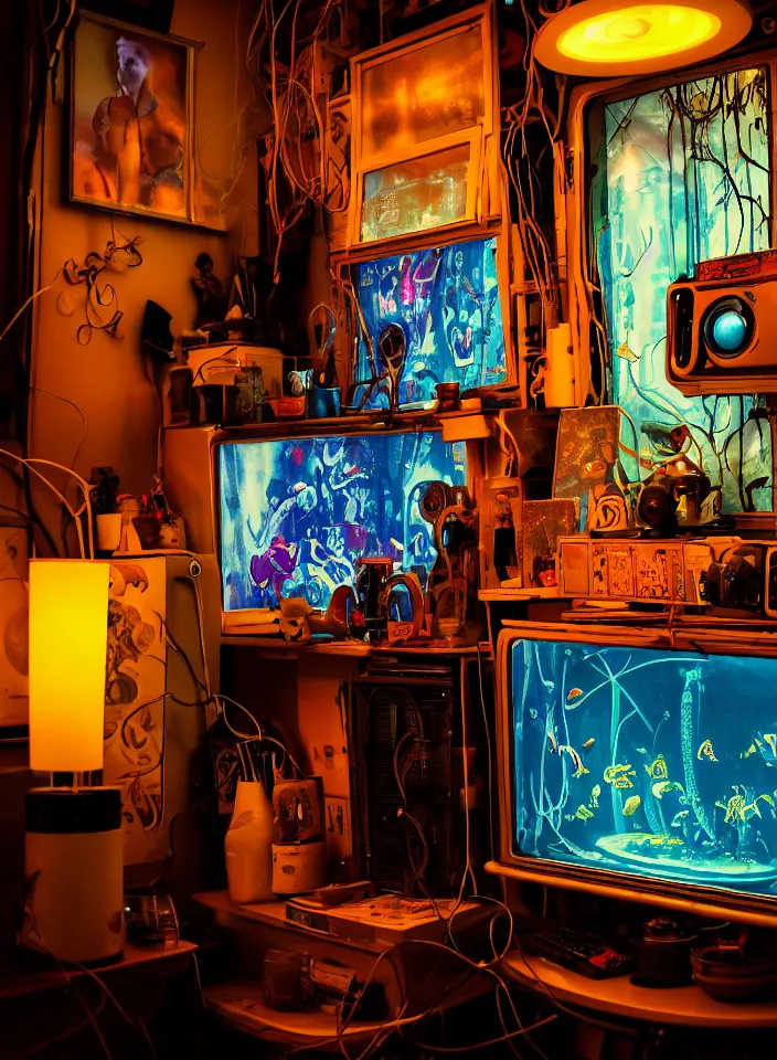 Image similar to telephoto 7 0 mm f / 2. 8 iso 2 0 0 photograph depicting the feeling of chrysalism in a cosy cluttered french sci - fi ( ( art nouveau ) ) cyberpunk apartment in a dreamstate art cinema style. ( ( computer screens, sink ( ( ( fish tank ) ) ) ) ), ambient light.