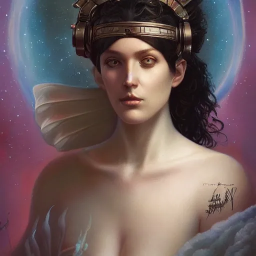 Image similar to a beautiful portrait of a celestial goddess by Jim Burns and Tom Bagshaw, Trending on Artstation