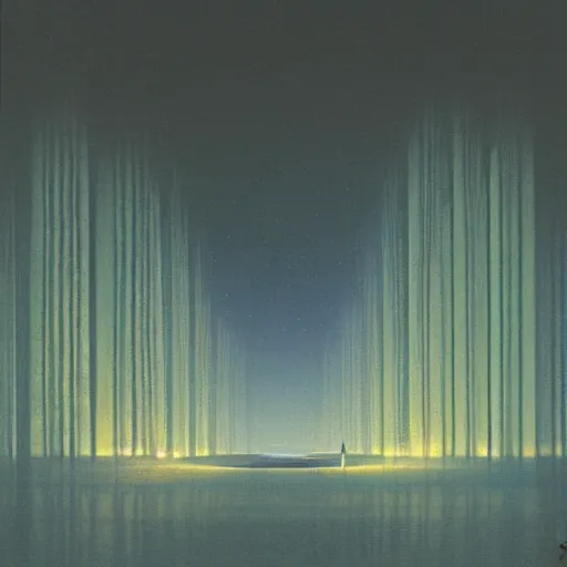 Image similar to Spaceport docking bay at night, inner light. Concept art. Beksinski