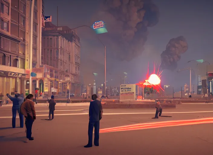 Image similar to crowd of working citizens protests while missles and bombs explode in the city, DSLR 35mm, by Edward Hopper and Dan Mumford and WLOP and Aleksandr Aleksandrovich Deyneka and Andrei Andreyevich Popov, Unreal Engine 5, Lumen, Nanite