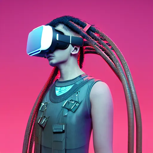 Image similar to intense futuristic bespoke vr headset respirator with long cables like dreadlocks on a set of twin humble hypebeasts, by ilya kuvshinov and james jean and sorayama and ikeuchi and hyein seo and hiroya oku and gilleard james, artstation trending, 8 k, 3 d render, photorealistic, volumetric lighting caustics, pink