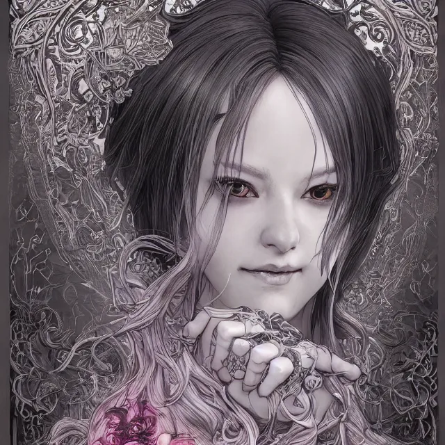 Image similar to the portrait of chaotic evil female necromancer mastermind as absurdly beautiful, gorgeous, elegant, cute young gravure idol, an ultrafine hyperdetailed illustration by kim jung gi, irakli nadar, intricate linework, bright colors, octopath traveler, final fantasy, unreal engine 5 highly rendered, global illumination, radiant light, detailed and intricate environment