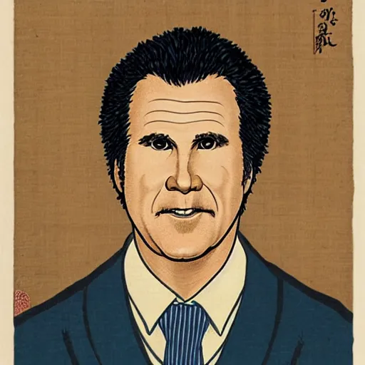 Prompt: portrait of will ferrell in the style of hokusai ukiyo - e woodblock print