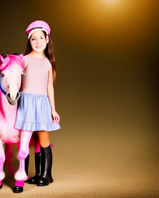 Prompt: young girl with dark hair, two ponytails, wears boots, next to her is a pink pony with a hat, photo taken by nikon, sharp focus, highly detailed, studio lightning, 4 k