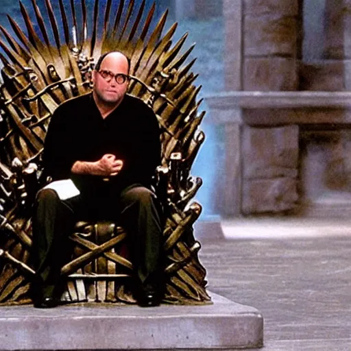 Prompt: George Costanza from Seinfeld sitting on the iron throne from Game of Thrones